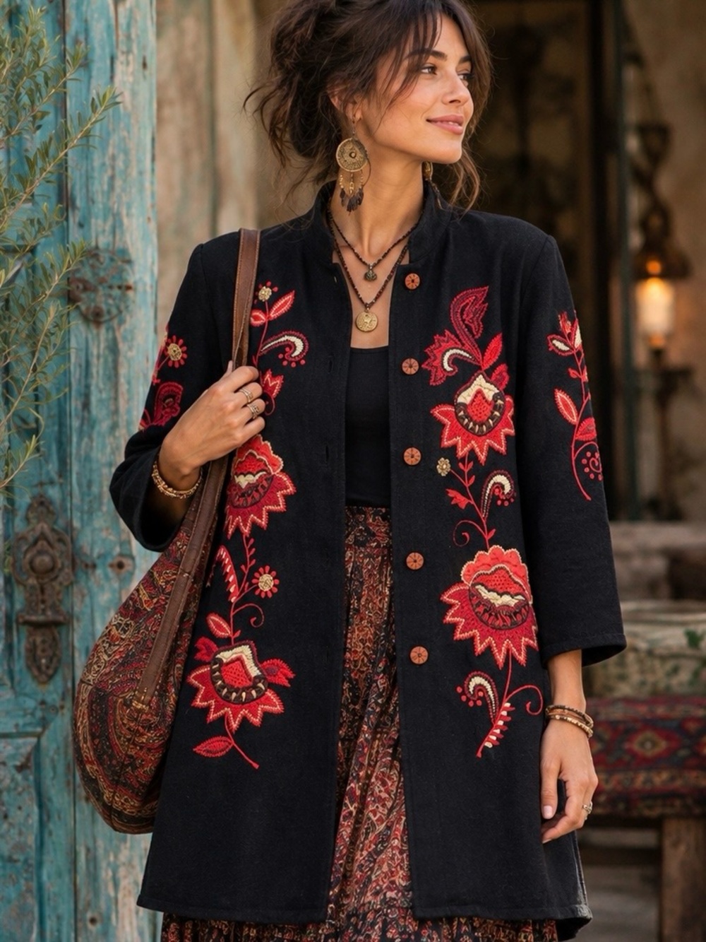 Indigo Moon Embroidered Folk Art Long Jacket Black Red Boho Statement Coat Large - Picture 2 of 8
